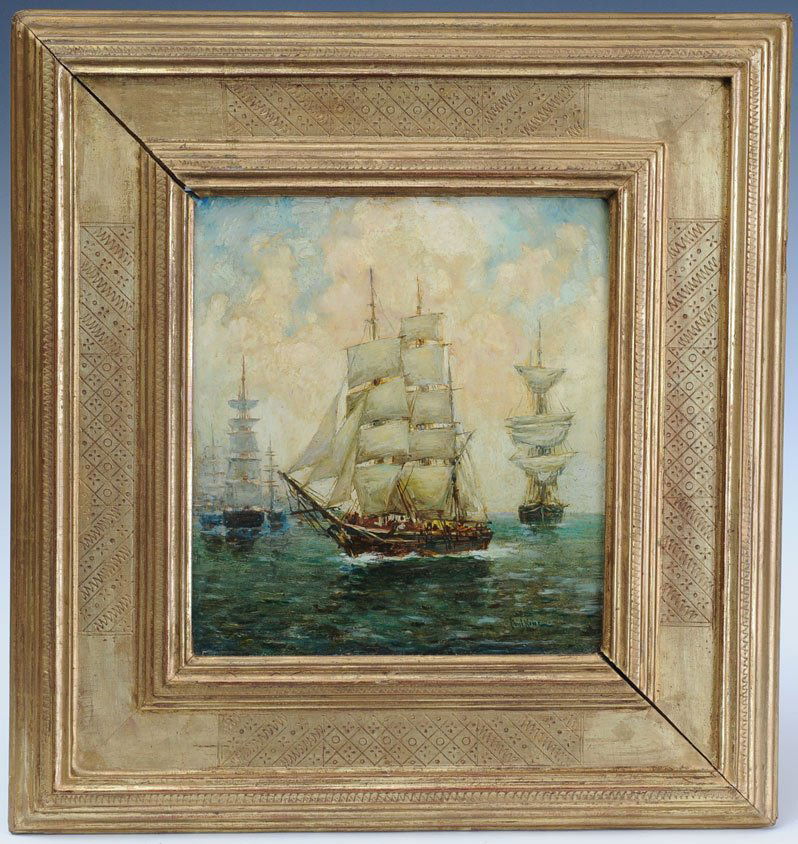 Paul King: Harbor Scene with Schooner 10 1/2" x 9 1/2" oil on masonite signed lower right with a signed F. W. Harer frame, estimate 1800/2400
