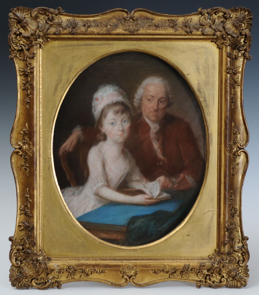 attributed Louis-Pierre Legendre (Brussels 1723-1790): Father and Daughter 16" x 13" oval pastel on paper (laid down) inscribed on book indistinctly and dated 1776 estimate 500/750
