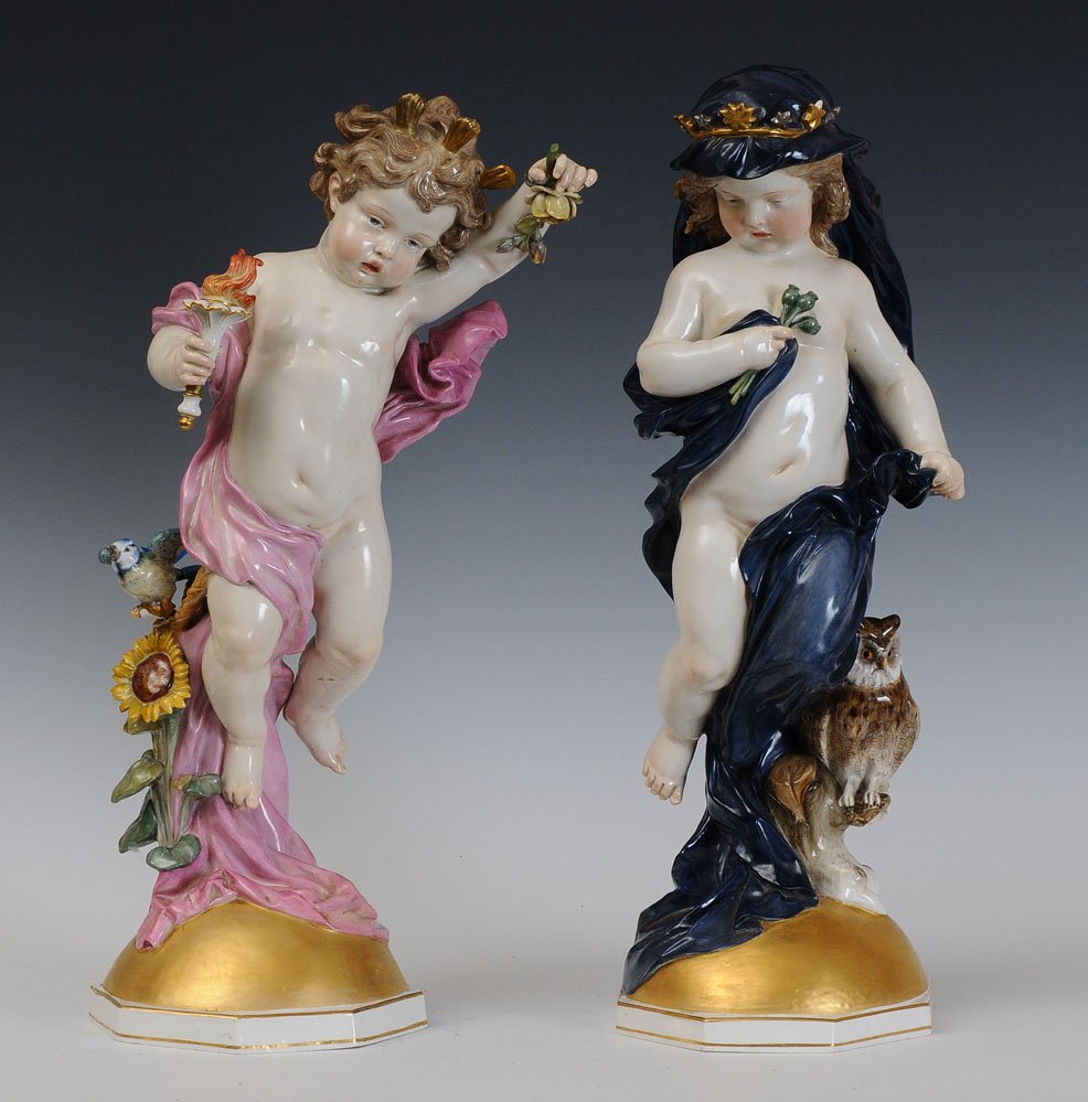 Impressive Pair of Meissen Figures: depicting Day and Night 19 1/2" and 20" high each with cancelled cross sword marks late 19th century estimate 3000/5000