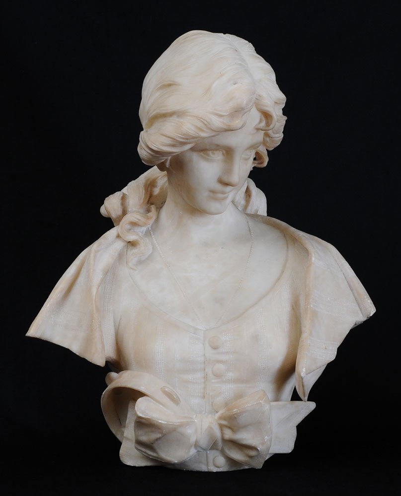 Italian Alabaster Bust of a Gypsy: Girl with tambourine 20" high signed E. Fiashi circa 1890 estimate 1000/1500