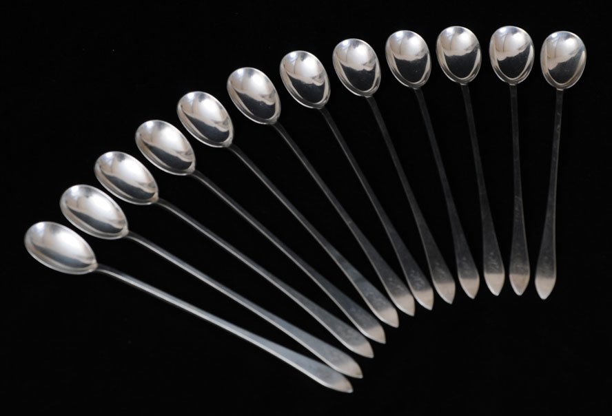 Set of 10 Sterling Silver Iced Tea Spoons: Tiffany & Co. 7 1/2" long 12.3 troy ounces monogrammed M.D. estimate 250/350
