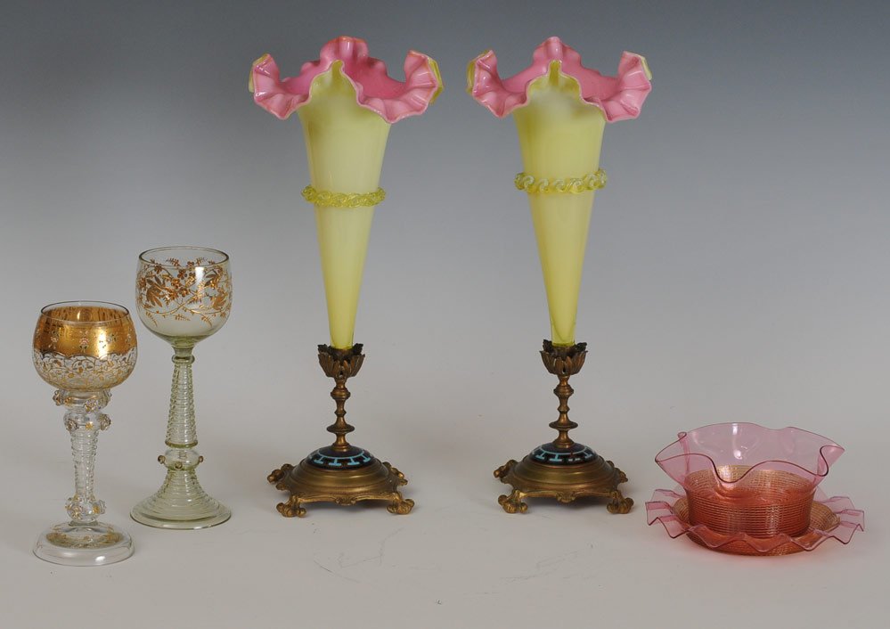 Pair of French Art Glass Vases: with Champleve enameled bases 13" high together with a pair of Bohemian Roehmers and a threaded art glass sherbert dish attributed to Steuben