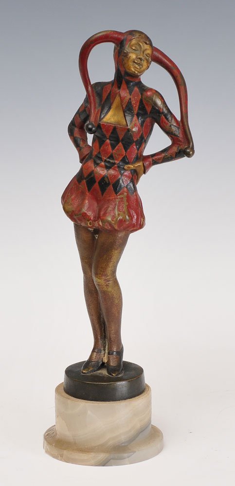 Josef Lorenzl: cold painted bronze figure of a jester 12 3/4" high overall circa 1925