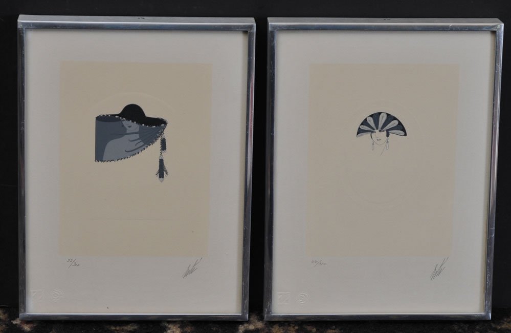 Erte: A Pair of lithographs "The Veil" and "Feathers" each 9" x 12" (sheet) from an edition of 300, both pencil signed Erte