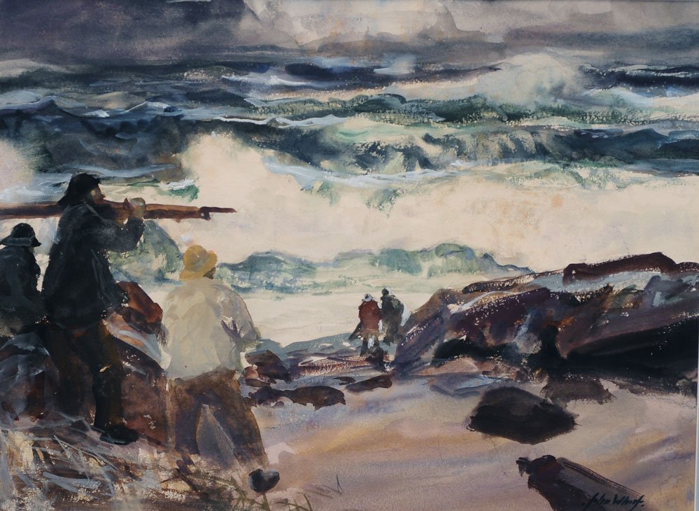 John Whorf: Fishermen on a Stormy Shore 15" x 20" watercolor on paper signed lower right John Whorf