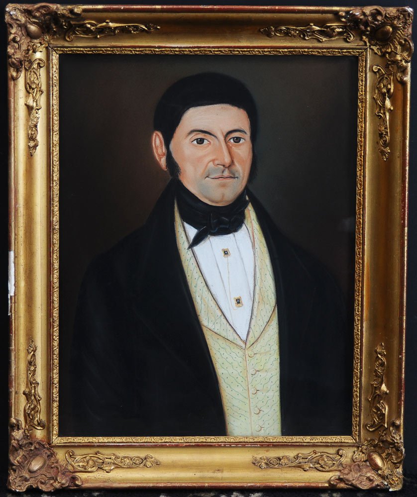 American School Folk Portrait: Gentleman with a Yellow Vest 20" x 16" pastel on paper unsigned circa 1850 American School Folk Portrait