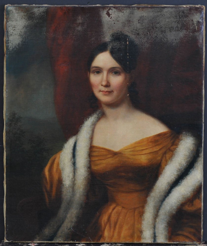 Attributed to Thomas Sully: Portrait of a Woman with Fur Stole 30" x 25" oil on canvas unframed and unsigned circa 1830 Attributed to Thomas Sully