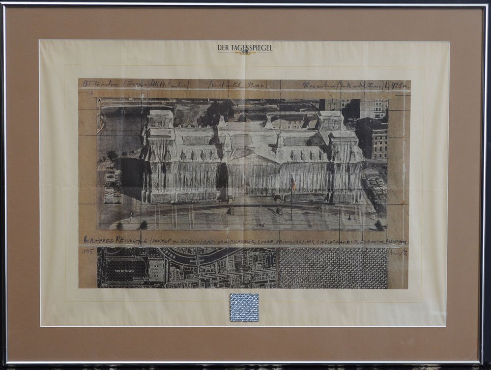 Christo and Jeanne-Claude: Wrapped Reichstag Invitation 19" x 27" sight with fabric sample attached 1995 Christo and Jeanne-Claude