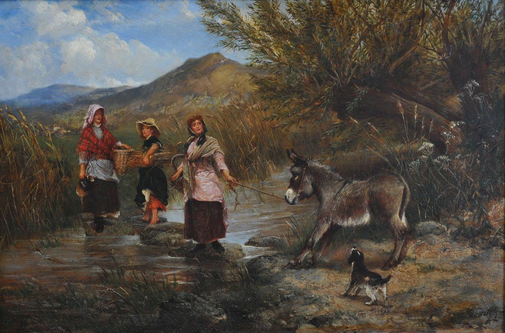 Edgar Bundy: The Reluctant Donkey 20" x 30" oil on canvas signed lower right Edgar Bundy