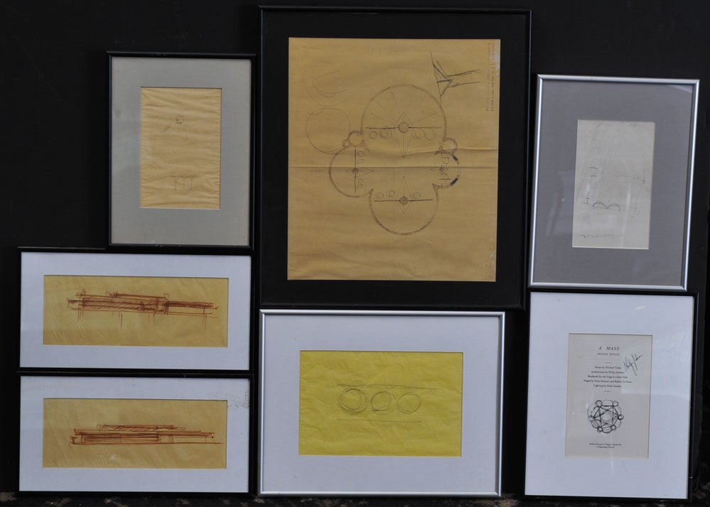 Philip Johnson: five framed sketches largest 14" x 11" and a signed pamphlet together with two sketches by Max Abramovitz the estate of Frederick Maddox/ Lincoln Philip Johnson