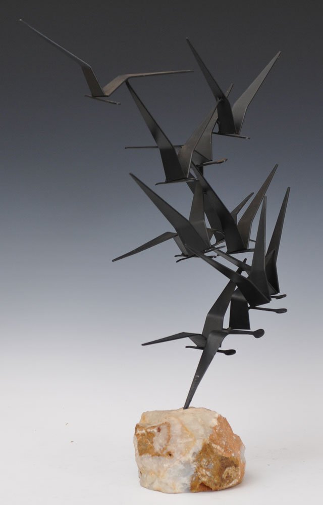 Curtis Jere: Seagulls 27" overall iron with a stone base signed with a plaque on the wing and a pen on the bottom Curtis Jere