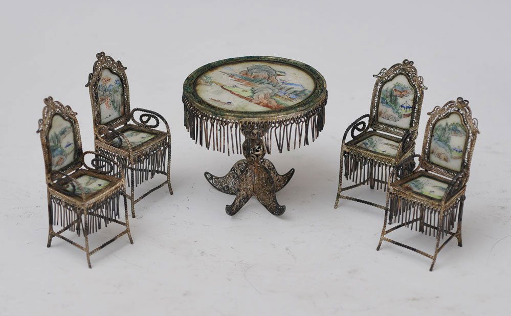 Chinese Filigree Silver Miniature Table and Chairs: with inset painted porcelain chairs 2 1/2" high table 2 1/4" high circa 1900 Chinese Filigree Silver Miniature Table and Chairs