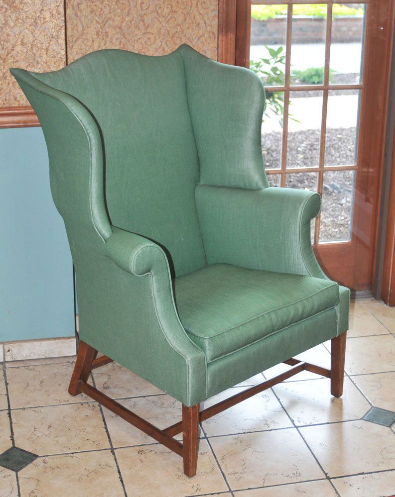 Hepplewhite Style Inlaid Wingback Chair: with serpentine crest 45" high probably late 19th century Hepplewhite Style Inlaid Wingback Chair
