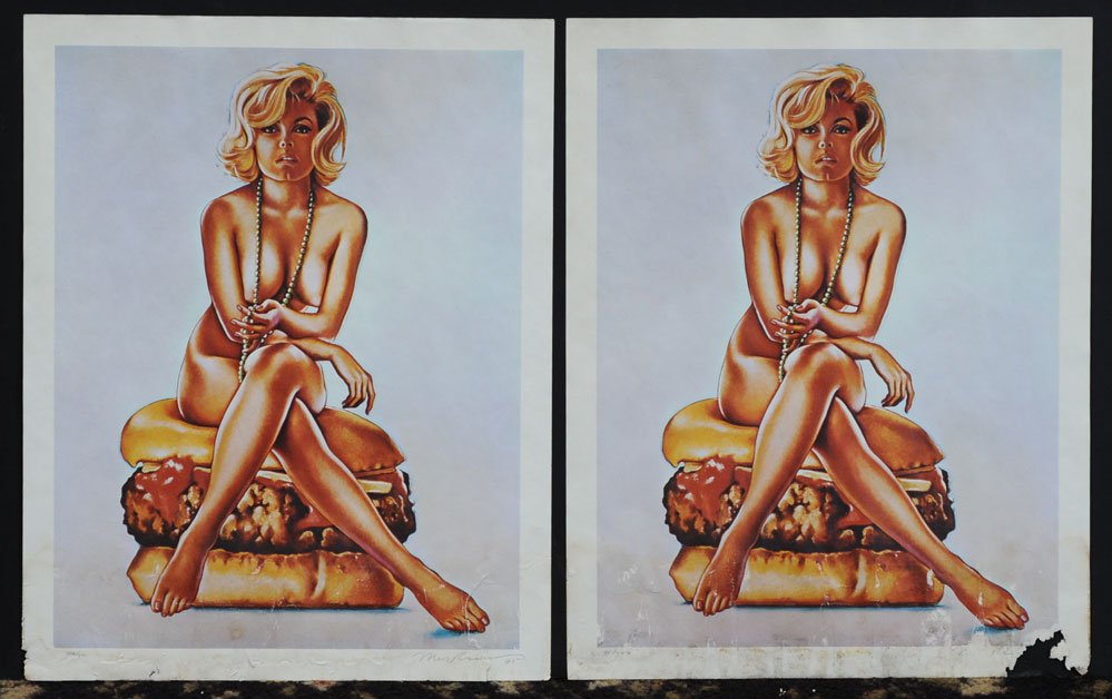 Mel Ramos: Hamburger Girl a pair each 21" x 17" sheet size unframed pencil signed lower right Mel Ramos