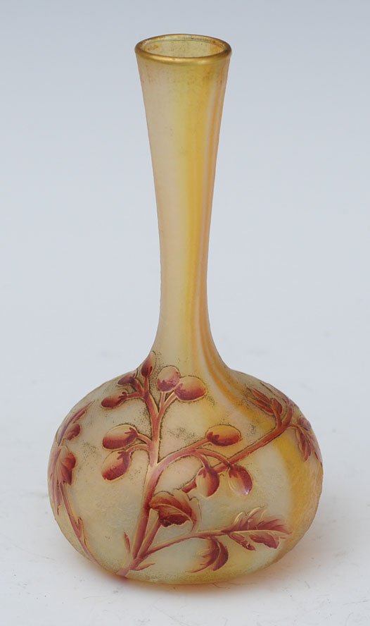 French Cameo Glass Vase: attributed to Daum 6" high with gilt details unsigned circa 1900 French Cameo Glass Vase