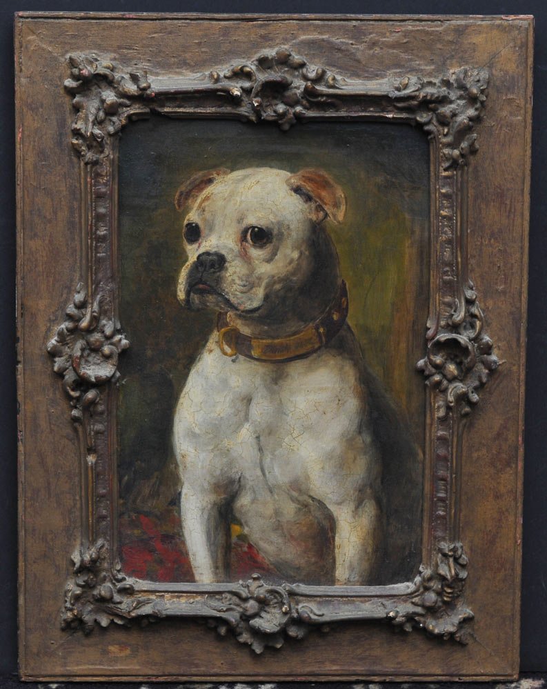 American School: Portrait of a White Boxer 19" x 12" oil on canvas unsigned, dated 1887 on dog collar American School