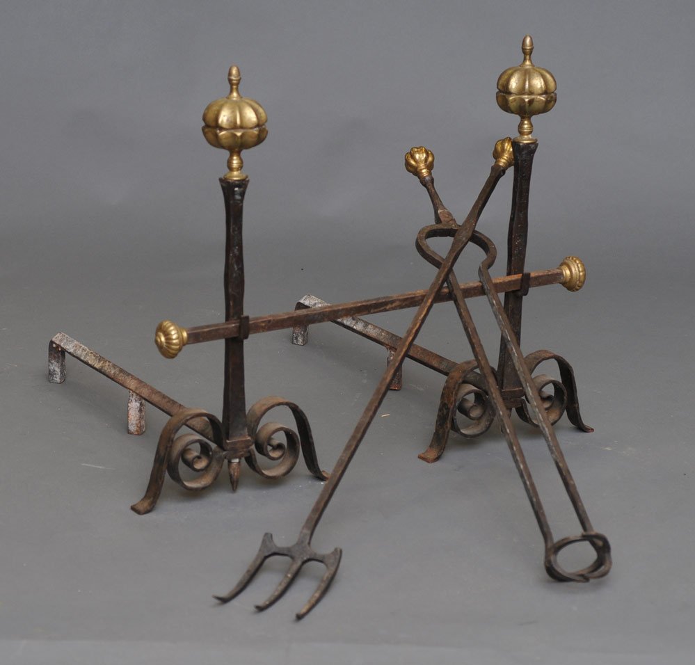 Wrought Iron & Brass Fireplace Andirons and Tools: in the manner of Samuel Yellin 26" high andirons early 20th century