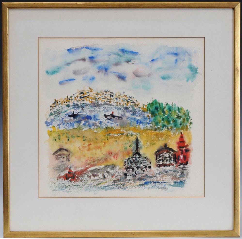 Henry Miller: Landscape with Lake and Boats 12 1/2" x 13" sight watercolor signed lower right dated 12/57