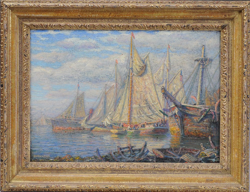 James Gale Tyler: Harbor with Sailboats 14" x 20" oil on canvas signed lower left