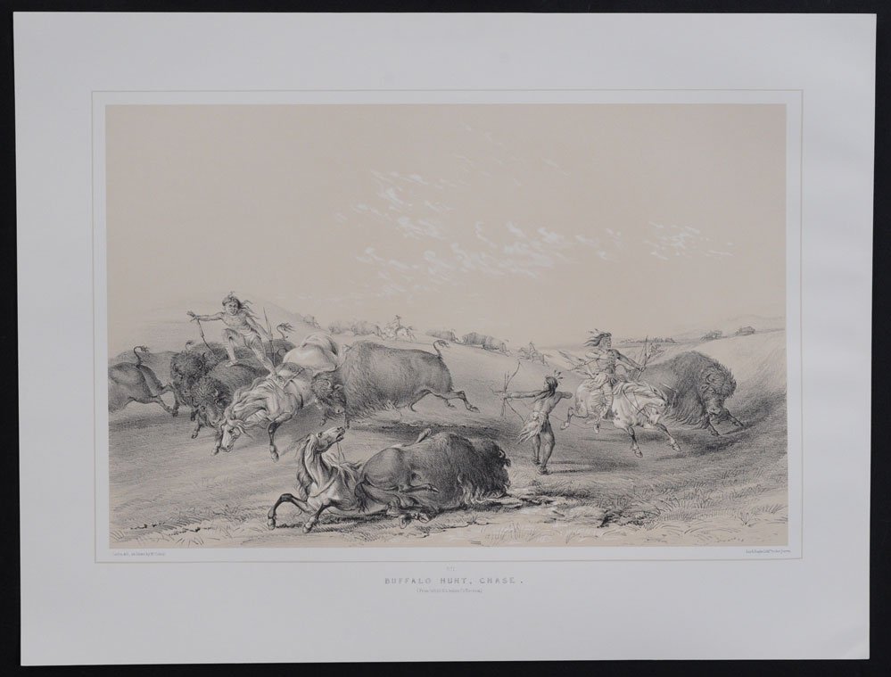 George Catlin: a pair of stone lithographs from Catlin's North American Indian Portfolio, 1844 No. 7, "Buffalo Hunt, Chase" and No. 4, "Catching the Wild Horse" published by Day & Haghe 22 3/8" x 17 1/8" sheet size