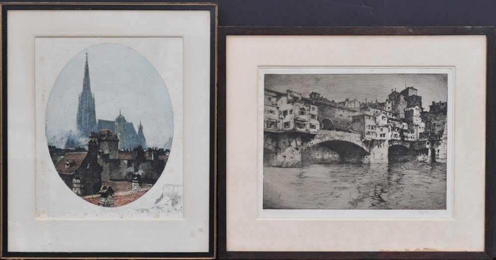 Pair of Luigi Kasimir Etchings: Ponte Vecchio, 9 /12" x 13" (image) from an edition of 100 and Stefansdom, Wien (oval) 12 1/2" x 10 1/4" (plate) both pencil signed