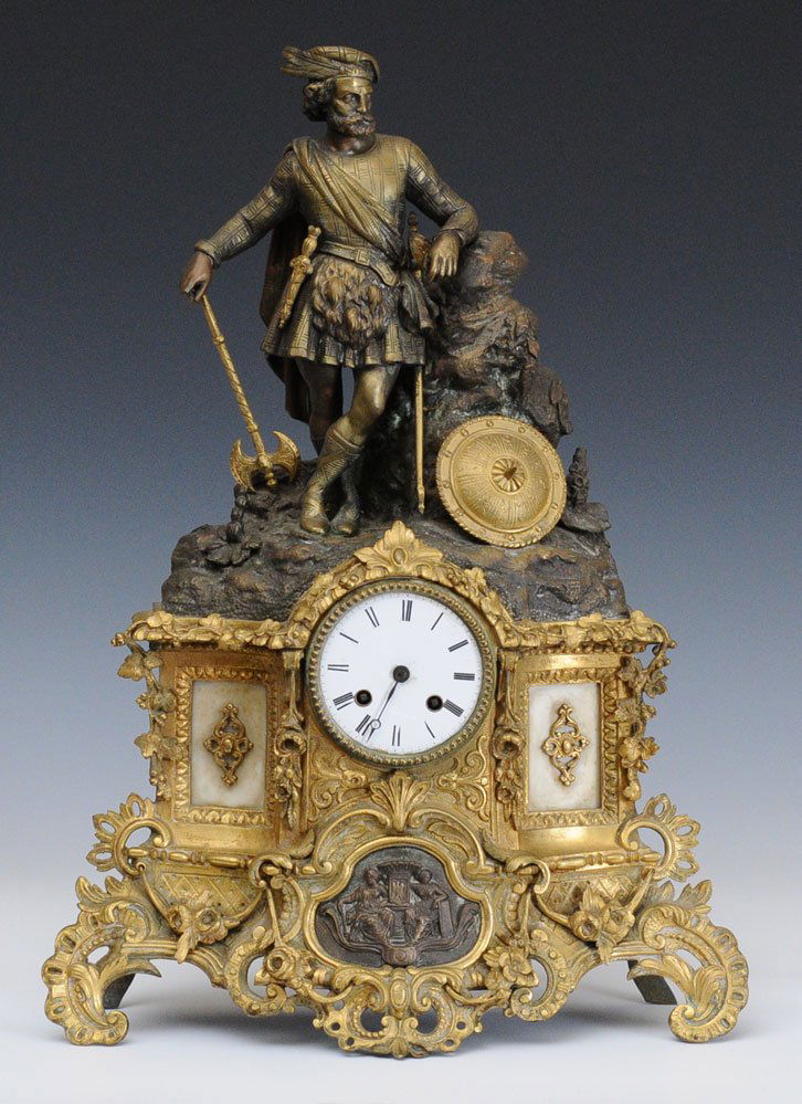 French Bronze Figural Mantel Clock: depicting a Scotsman 20 1/2" high mid 19th century