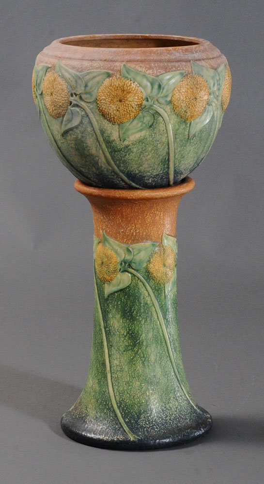 Roseville Sunflower Jardinaire and Pedestal: with 10" jardinaire 28" overall early 20th century