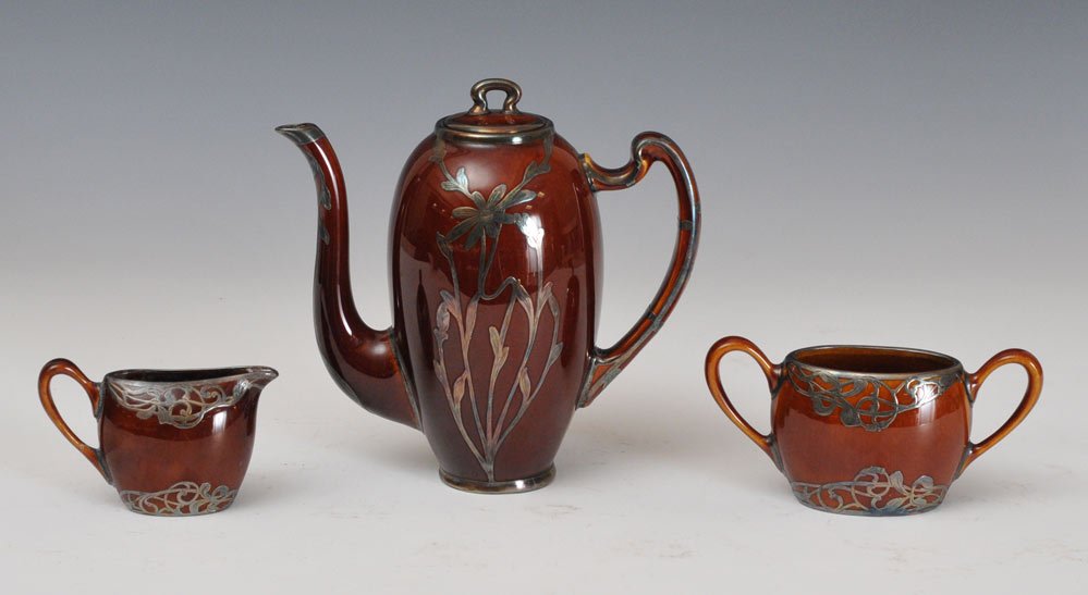 Lenox Tea Set with Sterling Silver Overlay: 7 1/2" high tea pot