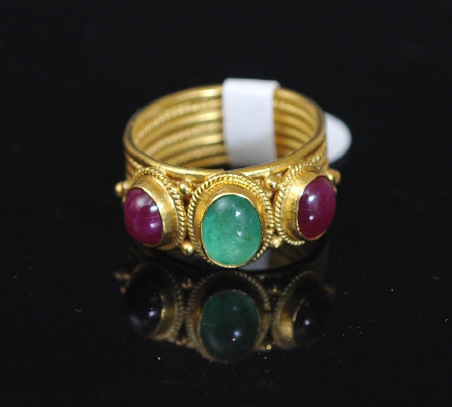 18k Gold Ilias Lalounis Ring: set with emerald and rubies ring size 5 1/2