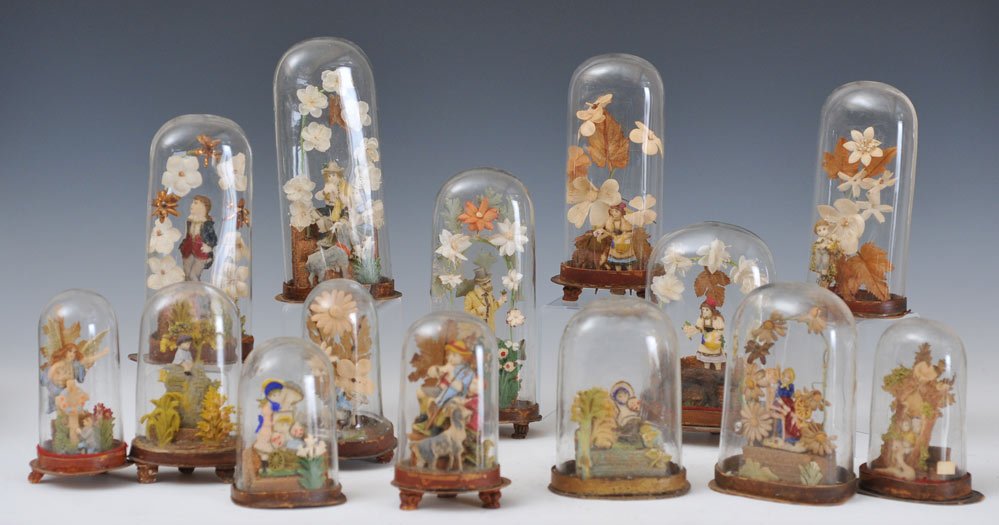 Group of 14 Victorian Wax Valentine Dioramas: each under glass domes the largest 9" overall late 19th century