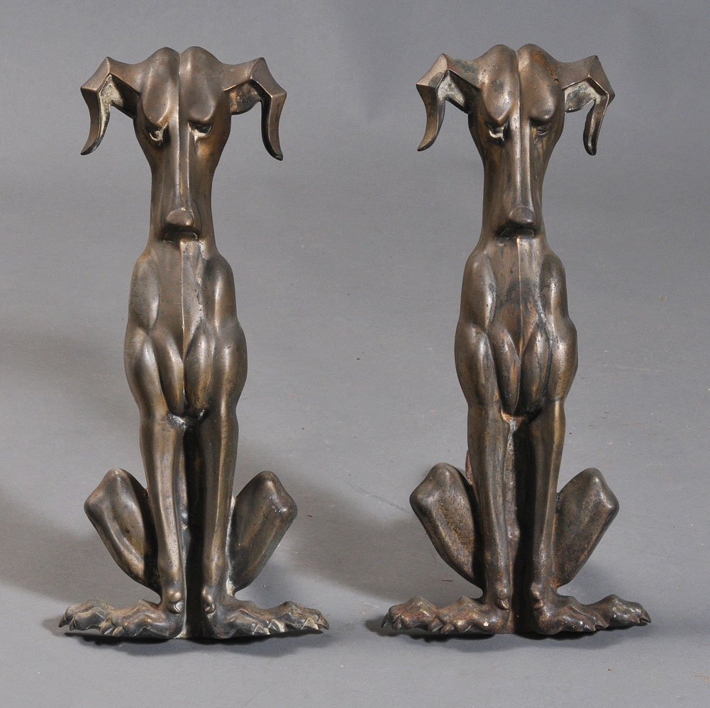 Pair of Cast Brass Dog Andirons: 19" high early 20th century