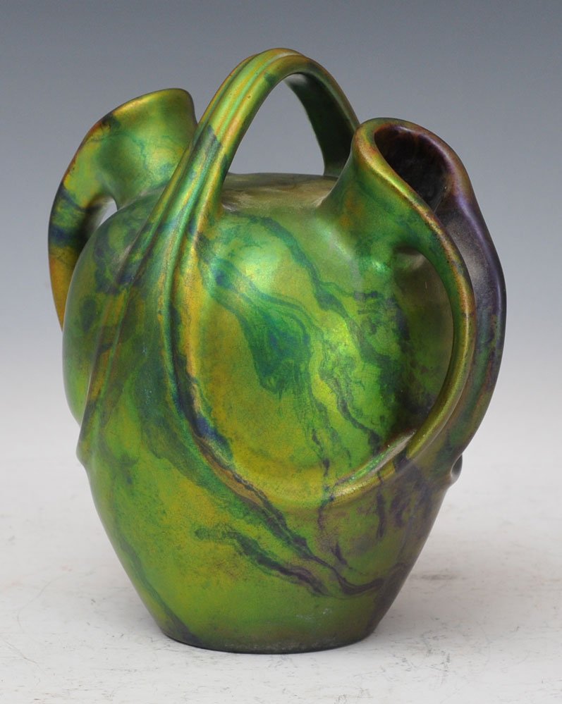 Art Nouveau Green Iridescent Glaze Zsolnay Vase: 9" high circa 1900
