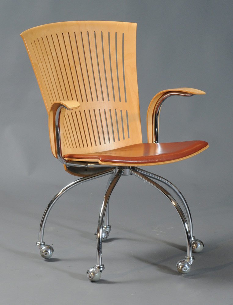 Nanna Ditzel: swivel office chair with leather seat pad labeled Fredericia, model 3294
