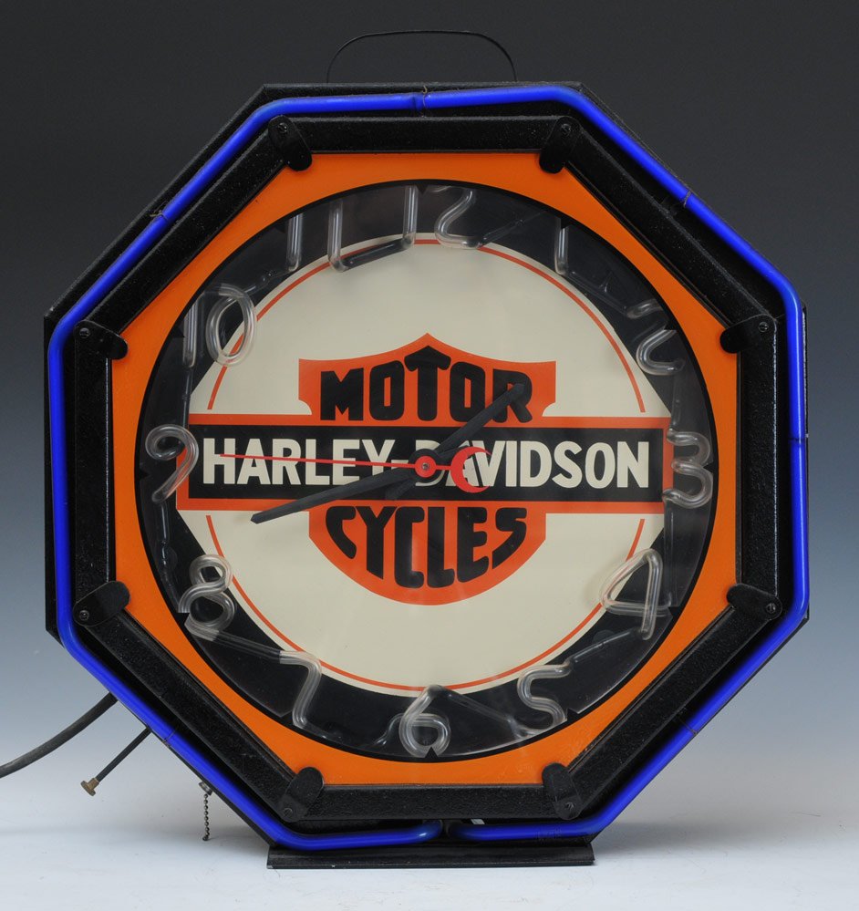 Harley Davidson Neon Clock: Neon Products, Inc., Lima, Ohio with light up numbers 21" high with maker's decal verso circa 1935