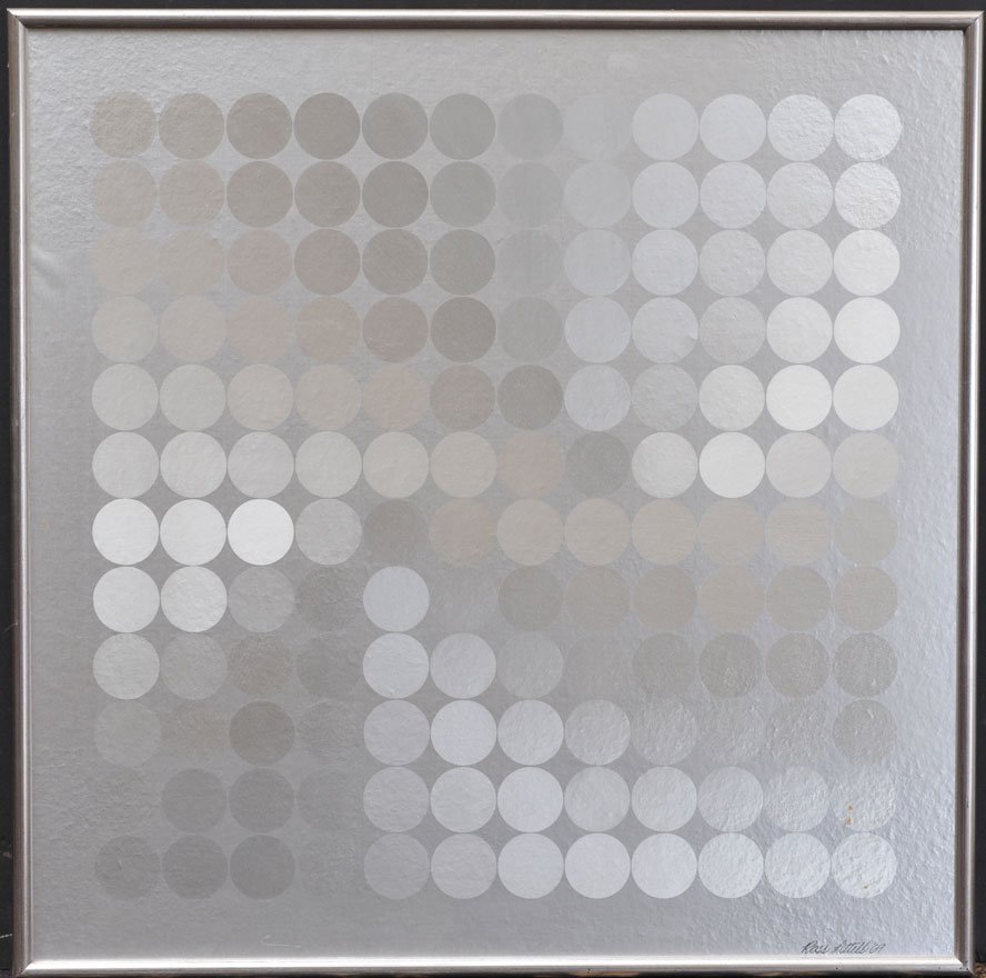 Ross Littell: Geometry III 28 1/4" x 28 1/4" paint and foil on panel signed lower right and dated 1969 titled verso