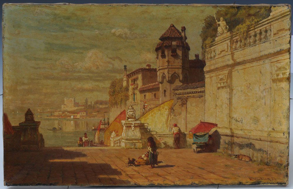 John Joseph Enneking (1841-1916): Mediterranean Village 13 3/8" x 12 1/2" oil on canvas signed and dated 1876 lower right
