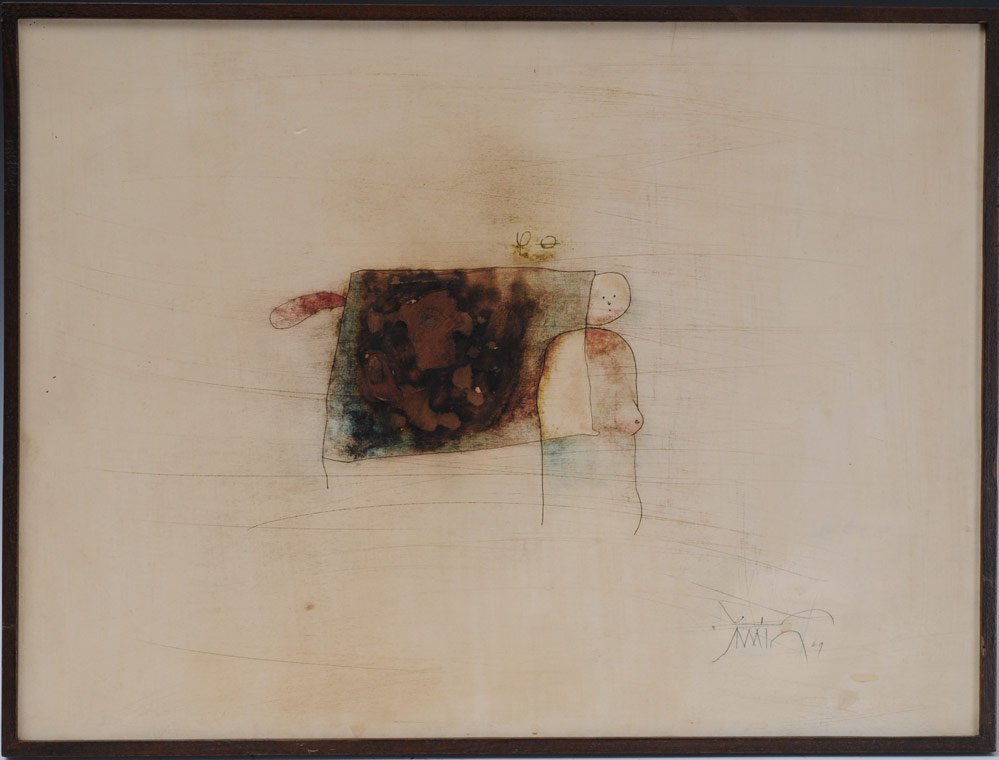 Benjamin Canas: Homage a Paul Klee 15" x 20" mixed media on panel signed lower right dated 1969 with exhibition label verso