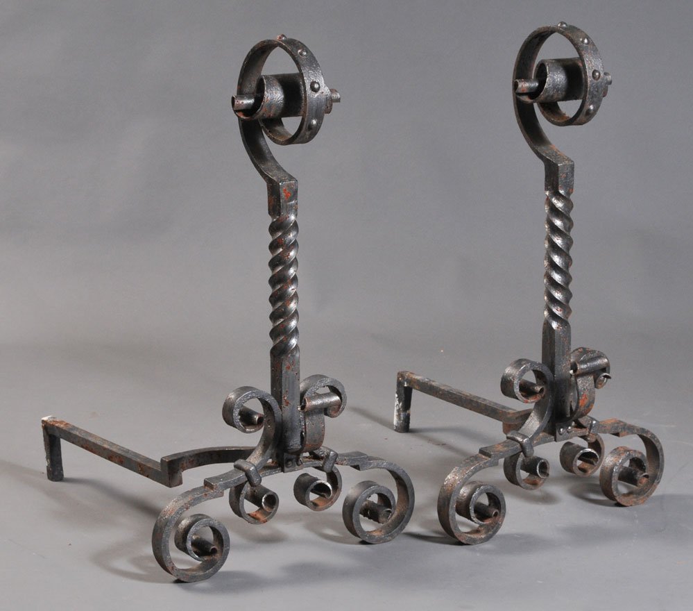 Massive Pair of Wrought Iron Andirons: together with set of fireplace tools and stand 36" height early 20th century
