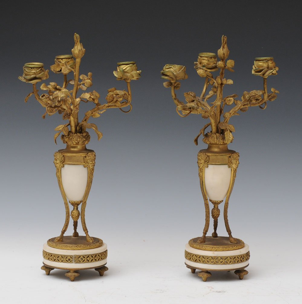 Pair of French Bronze and Alabaster Candelabra: 14 1/2" high circa 1900