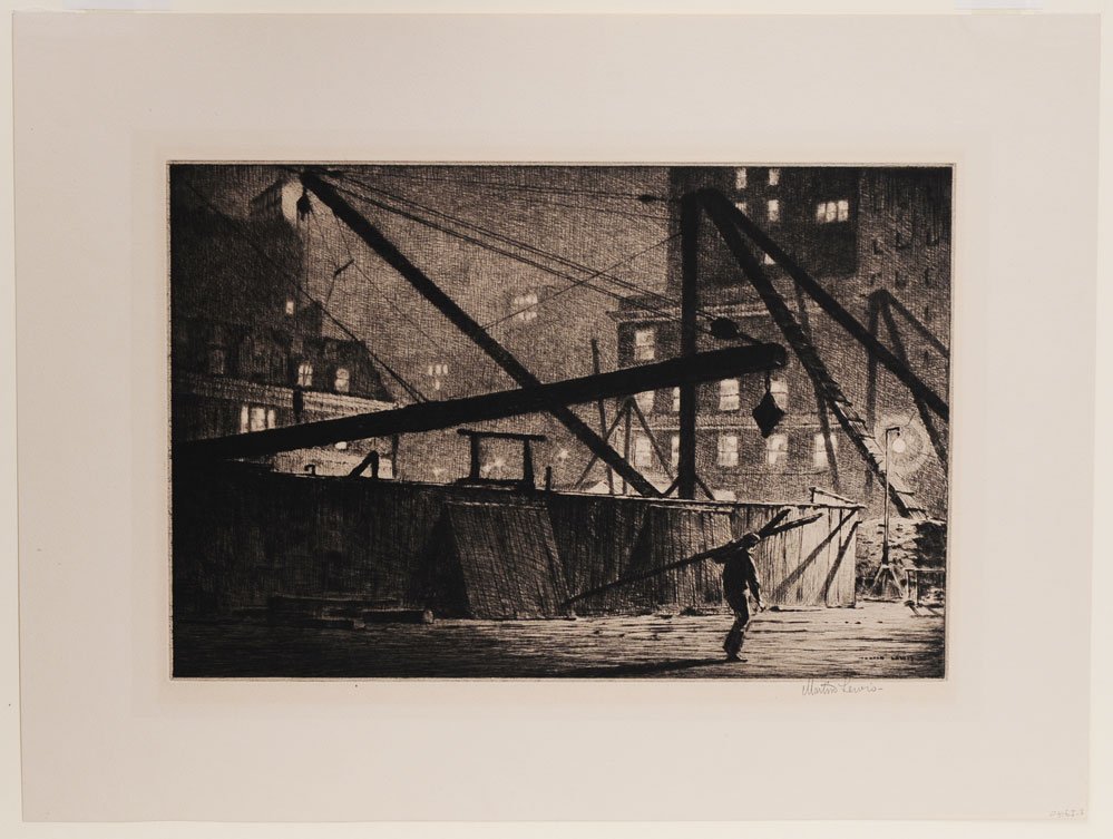 Martin Lewis: Derricks, 1927 7 7/8" x 11 7/8" etching from an edition of 100 pencil signed lower right ex- Childs Gallery, Boston