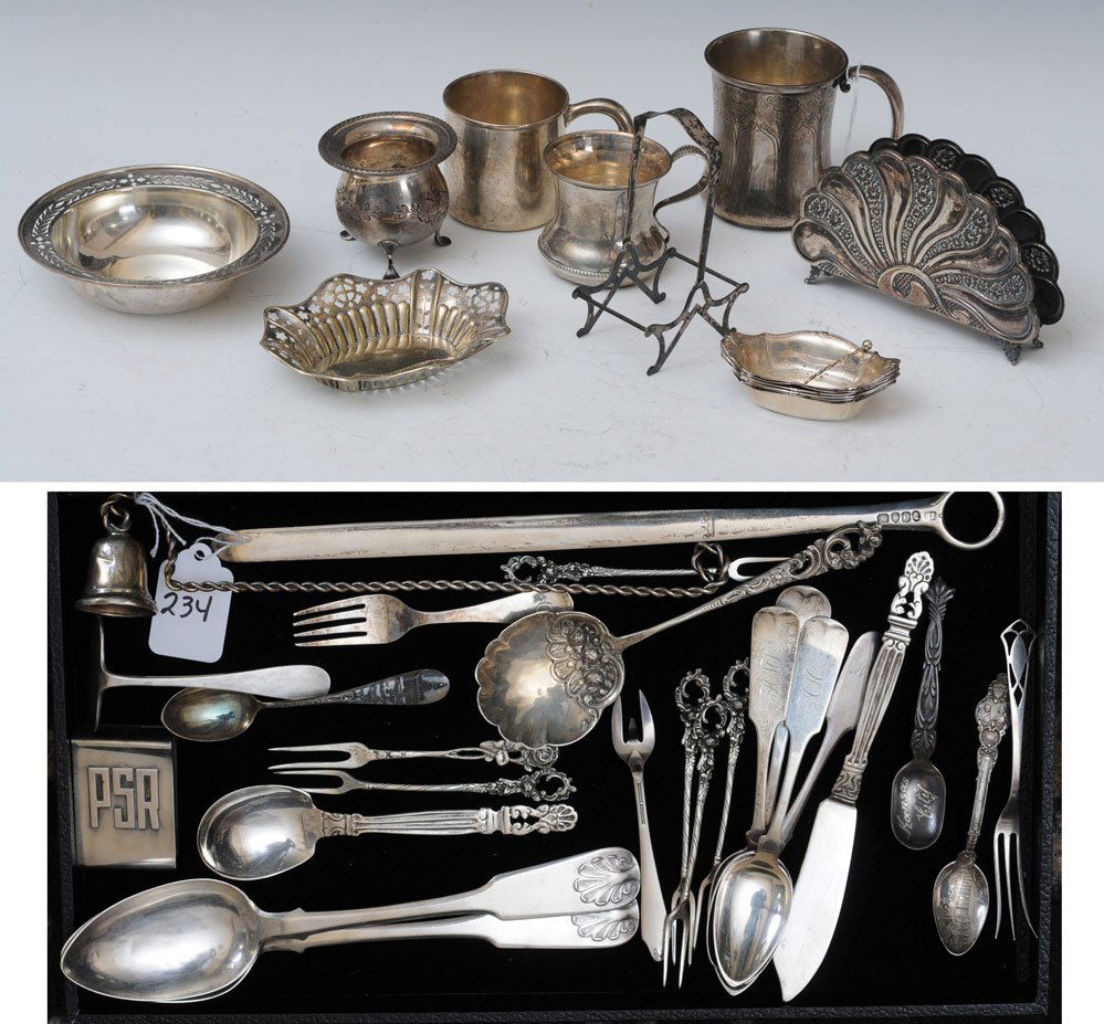Group of Sterling and .800 Silver: including sterling children's cups, napkin ring holders, salts, candle snuffer and flatware 40 troy ounces gross