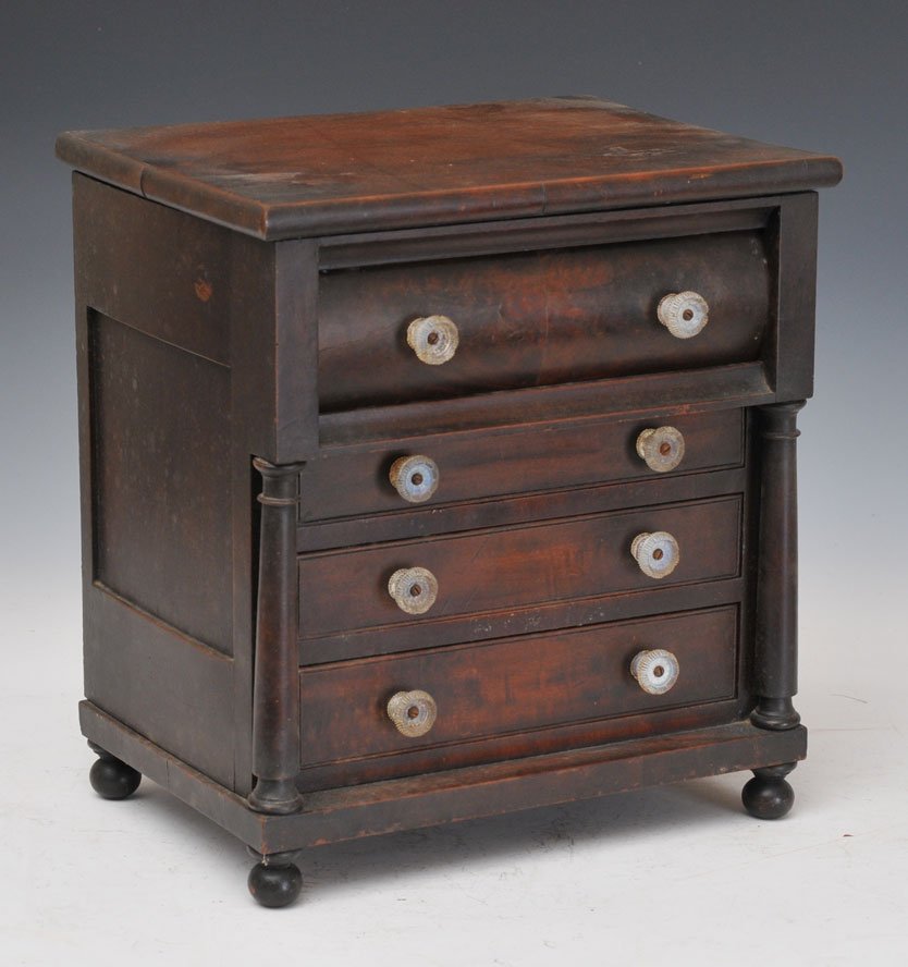 Miniature Empire Chest: with glass pulls and reverse tapered columns 14" x 10" x 15" 19th century