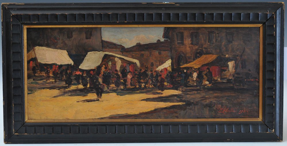 Ferruccio Rontini: Market Scene 8" x 20 1/2" oil on board signed and dated 1931 lower right