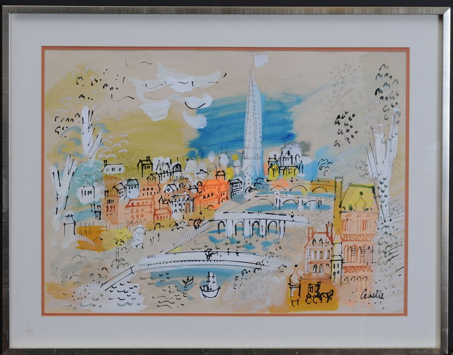 Charles Cobelle: Along the Seine 21" x 30" watercolor with ink and arabesque signed lower right