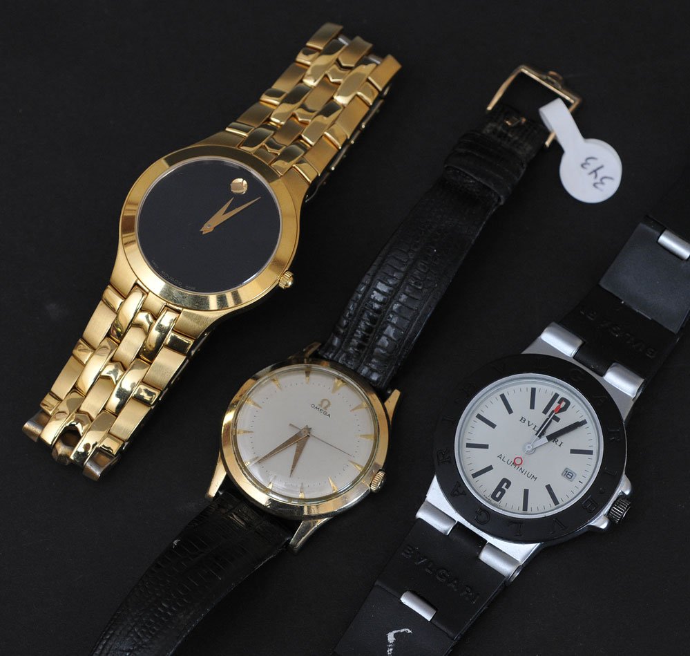 Group of Three Men's Wrist Watches: including Movado, Omega and Bulgari