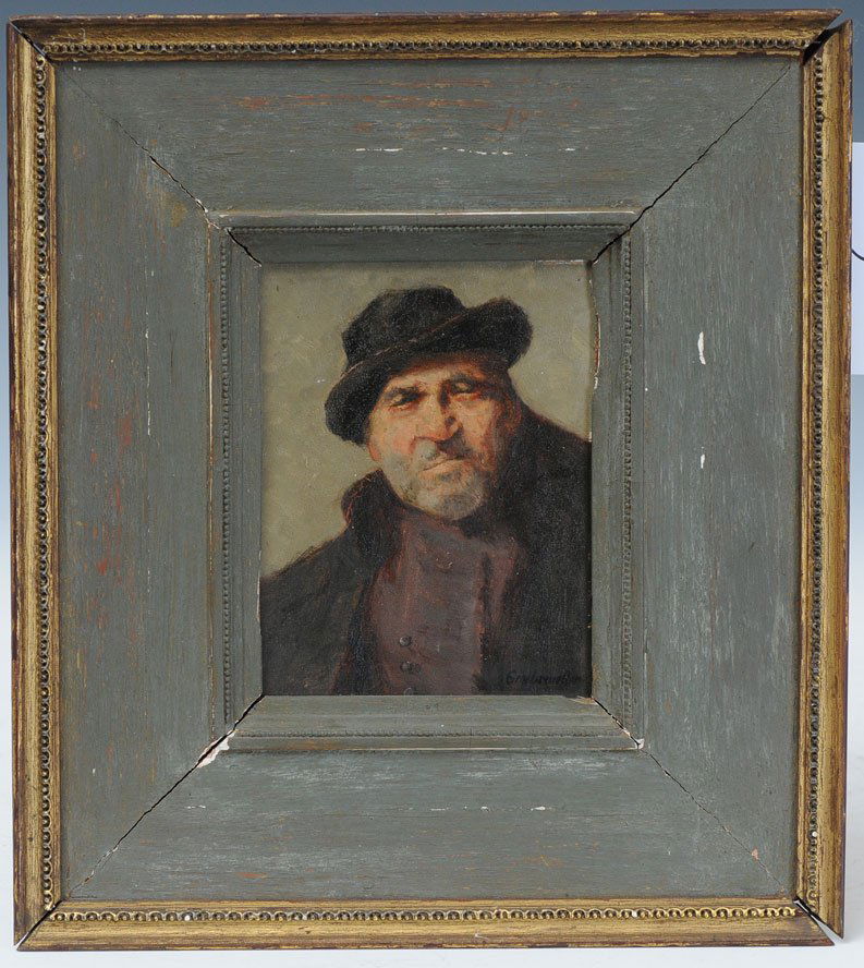 German School: Portrait of a Man with Hat 7 1/4" x 5 1/4" oil on board signed indistinctly "Gr...mueller"