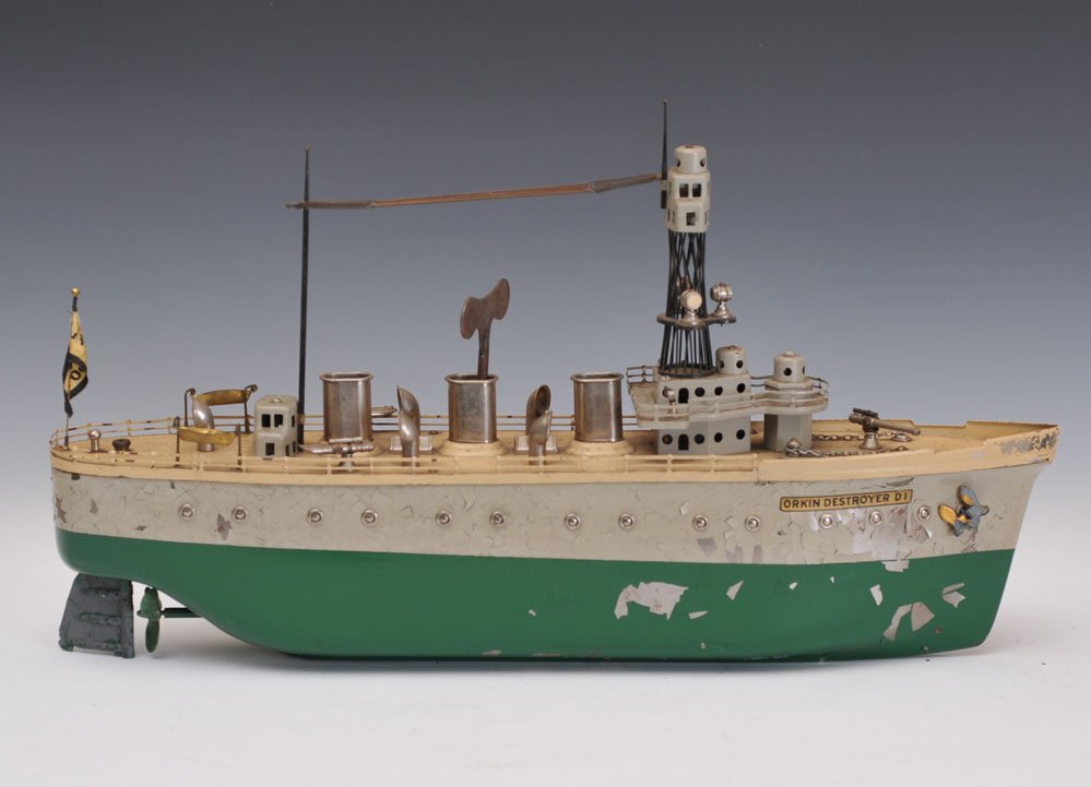 Orkin Pressed Steel Wind-up Destroyer: model D1, 24" long circa 1910