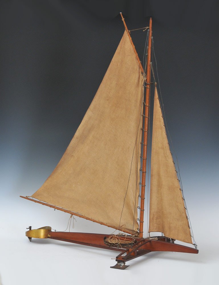 Rare Ice Pond Boat: original sails, 39 1/2" high, 32" long, 20" wide
