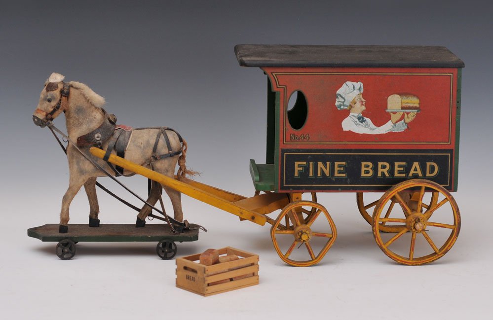 Rare Schoenhut Promotional "Fine Bread" Wagon: with original horse and box of bread loaves circa 1930