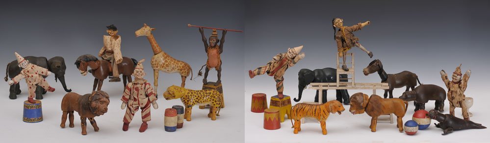 Large Assortment of Schoenhut Circus Animals: Performers and Accessories including 2 elephants, 2 lions, giraffe, monkey, donkey, tiger, leopard, seal, brown bear, brown horse, China man, bare back rider,clown, hobo, chairs, ladder, pedestals and